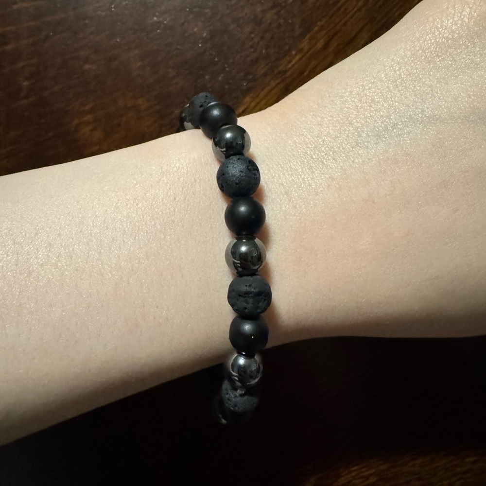 Black Beaded Stretch Bracelet with Matte & Lava Beads